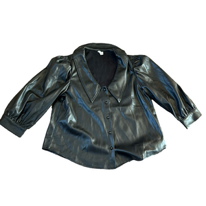 Cato Black Faux Leather Button Down Blouse Puff Sleeve SIZE L